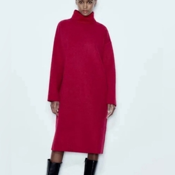 Zara Dresses & Skirts - ZARA Oh-so-soft A-line Turtle Neck pink Midi Dress. Style w- boots! Small. NWT
